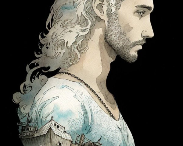 Side Profile of Man with White Hair and Ocean Scene