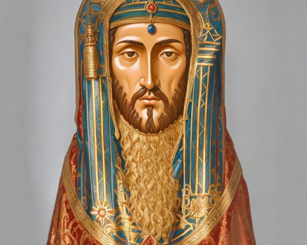 Stylized religious icon with ornate details and colors