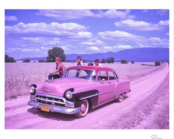 Vintage Pink and Black Car in Rural Landscape