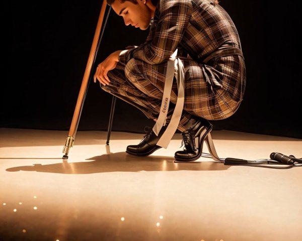 Contemplative Figure in Plaid Outfit on Stage