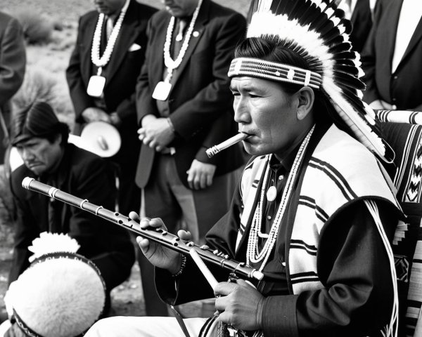Native American Flute Performance in Black and White