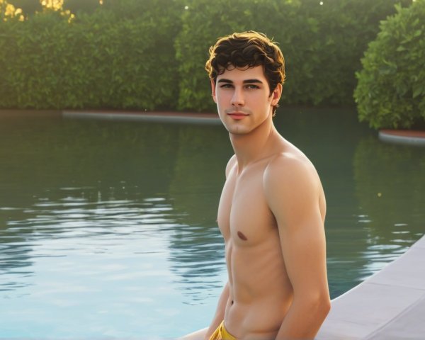 Young man by tranquil pool in summer setting