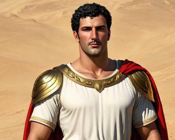 Muscular Man in Desert with White Tunic and Red Cape