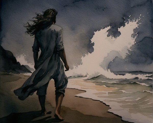 Silhouette on Beach Facing Turbulent Ocean Waves