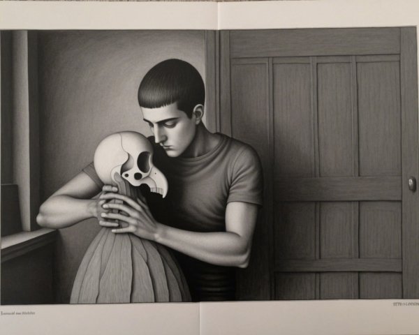 Young man with skull in contemplative pose and mannequin