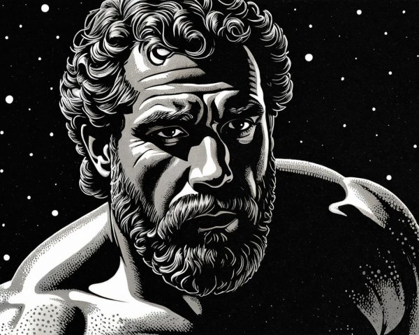 Strong Bearded Man in Monochrome Starry Scene