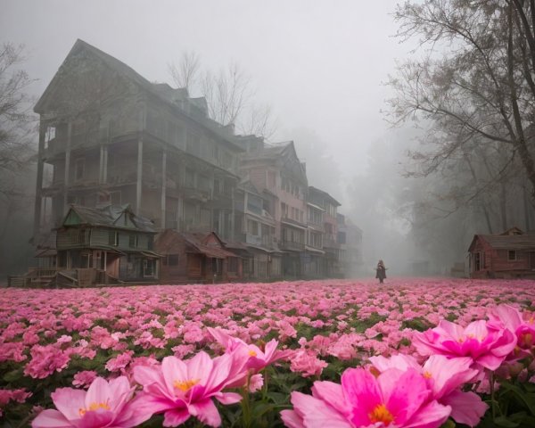 Misty Landscape with Abandoned Building and Flowers