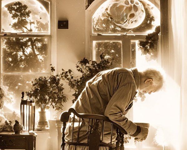 Elderly man tending plant in sunlit room with greenery