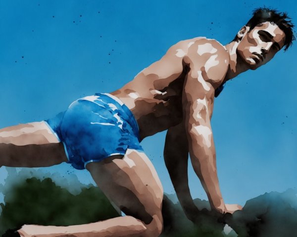 Muscular Man in Watercolor with Blue Sky Background