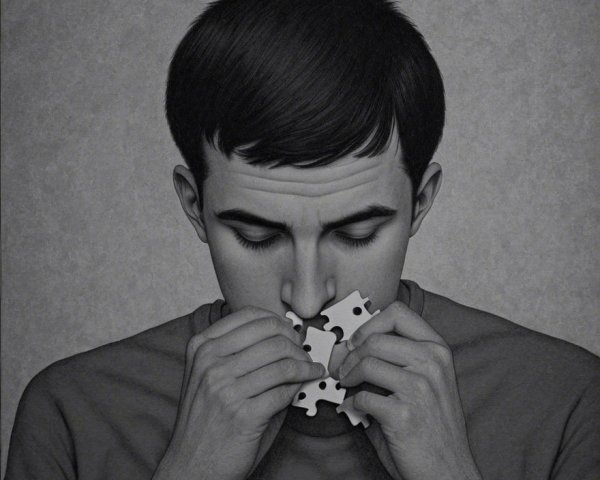 Contemplative Young Man with Jigsaw Puzzle in Monochrome