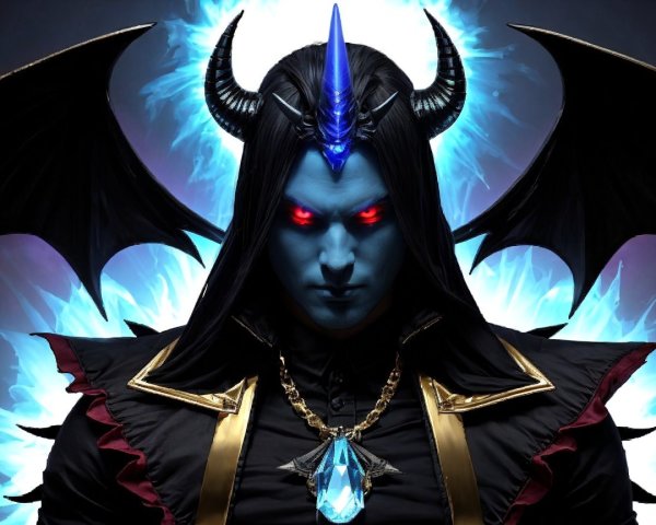 Powerful figure with blue skin and glowing red eyes