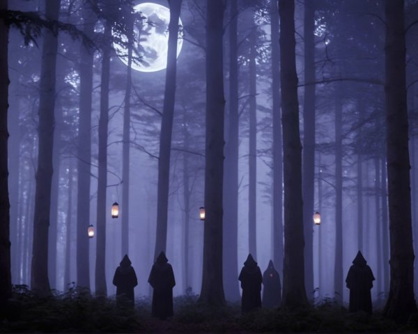Misty Forest with Cloaked Figures and Lanterns