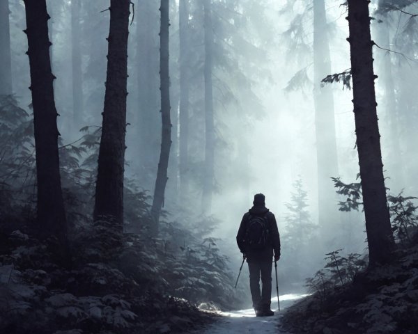 Lone Hiker on Misty Forest Path with Ethereal Light
