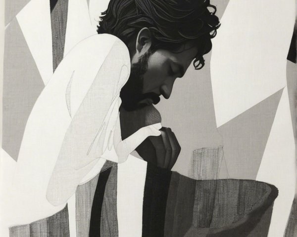 Monochromatic Artwork of Contemplative Figure in Gray