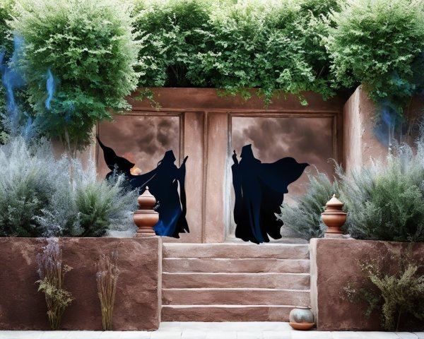 Mystical Courtyard with Lush Greenery and Enchantment