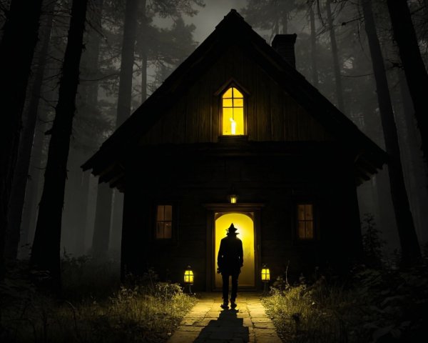 Mysterious Cabin Surrounded by Dark Forest Trees