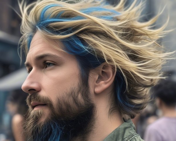 Man with Blue Highlights and Blonde Hair Outdoors
