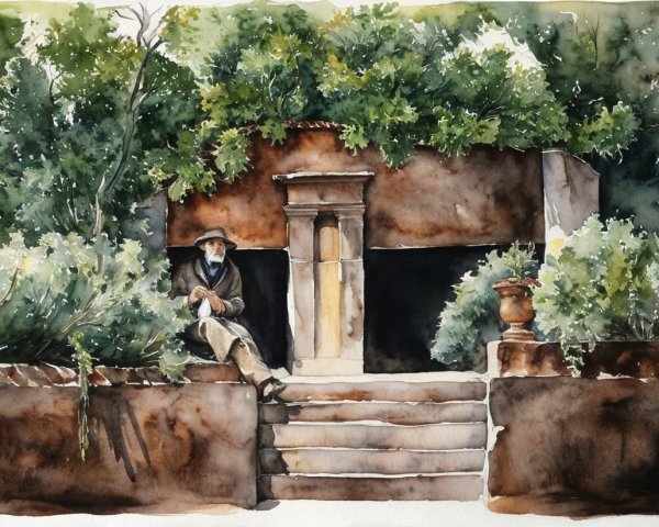 Elderly Man on Stone Steps in Lush Greenery
