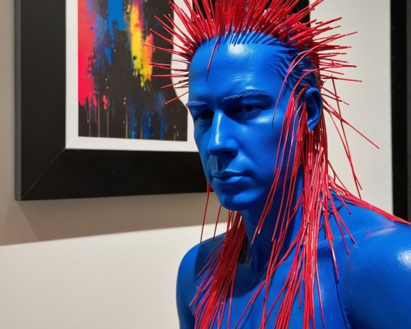 Futuristic Blue Mannequin with Red Spiky Hairstyle