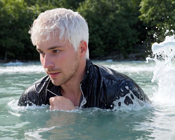 Young man in wet jacket emerges from turquoise water