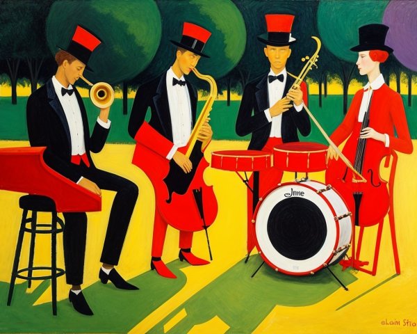 Outdoor Jazz Band in Folk Art Style with Instruments