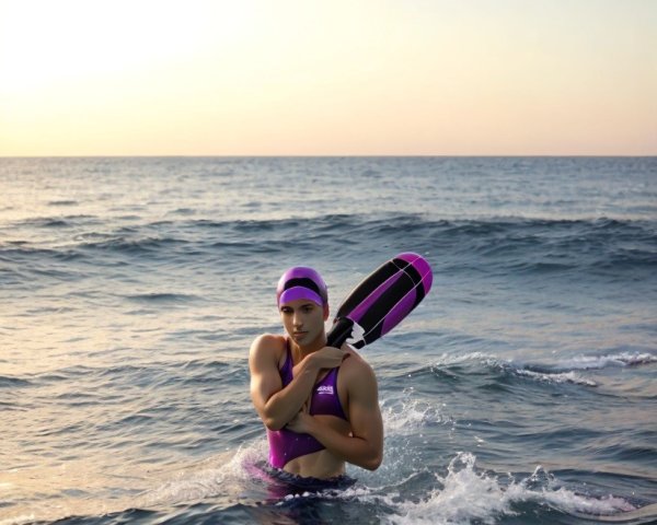 Athlete in Swimsuit with Buoy at Sunset by Sea