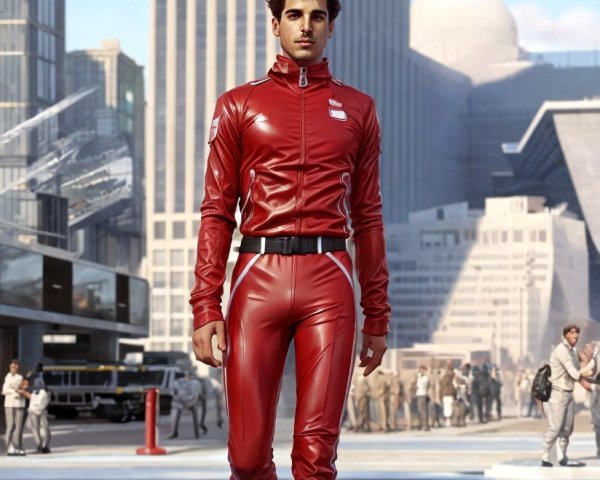 Futuristic cityscape with modern red metallic fashion