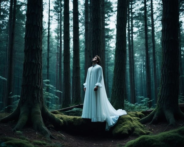 Figure in White Gown in Mystical Forest Setting