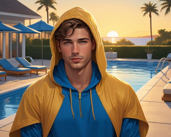 Young man by a sunset pool in vibrant hoodie
