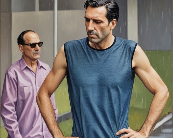Two Men in Urban Rainy Setting with Contrasting Styles