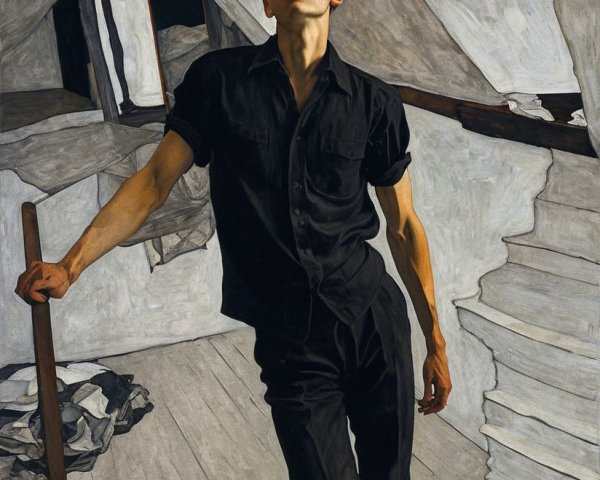 Young Man in Angular Interior with Dramatic Lighting