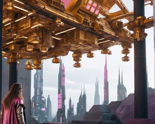 Futuristic cityscape with golden structure and sleek buildings
