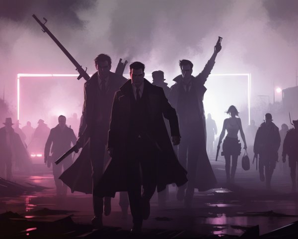 Shadowy Figures in Foggy Urban Noir Landscape