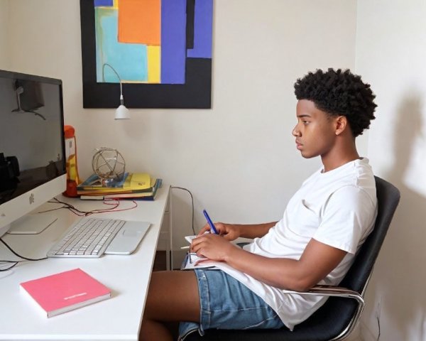 Young man taking notes at a desk with a computer