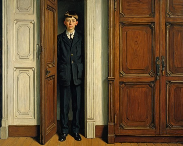 Boy in Formal Suit Framed by Ornate Doorway