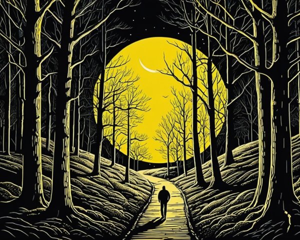 Solitary Figure Walking on Moonlit Forest Path