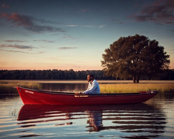 Young man in blue shirt sitting in red canoe on lake