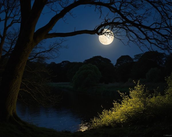 Tranquil Night Scene with Full Moon and Calm River