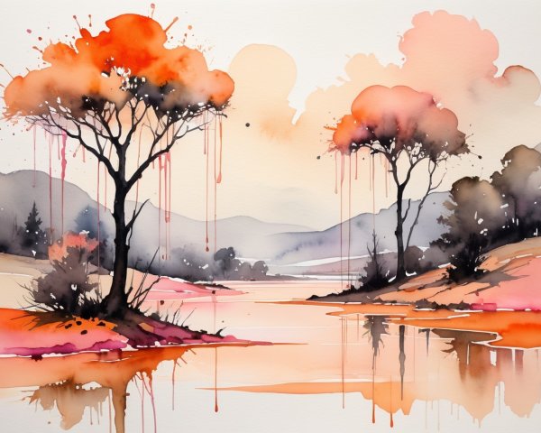Watercolor Landscape with Calm River and Silhouetted Trees
