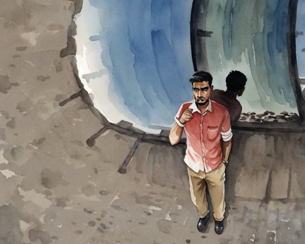 Man at Circular Opening Overlooking Flowing Stream