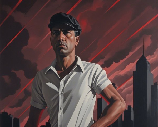 Confident Figure Against Dramatic Urban Skyline