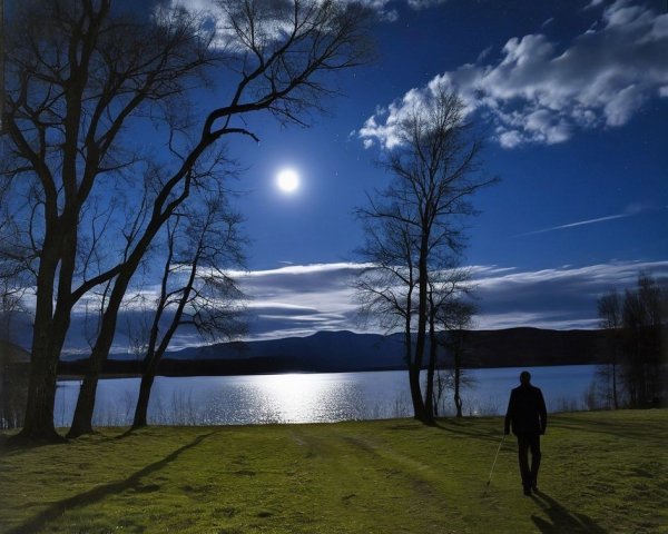 Man Walking Along Moonlit Path to Lake at Night