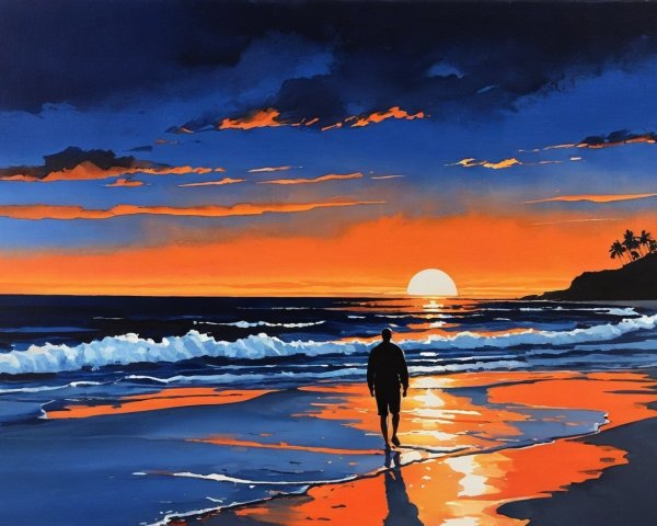 Solitary Figure on Beach at Sunset with Vibrant Skies