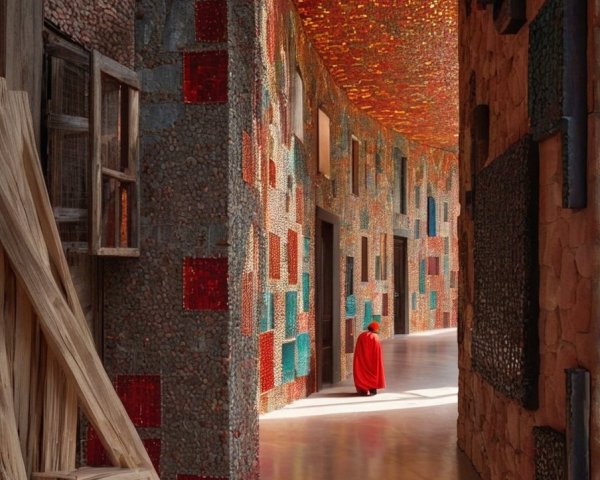 Vibrant Corridor with Multicolored Tiles and Glass