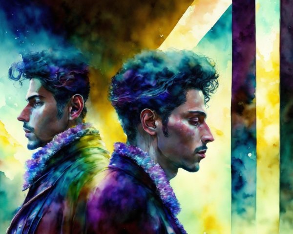 Two Men in Profile Against Watercolor Background