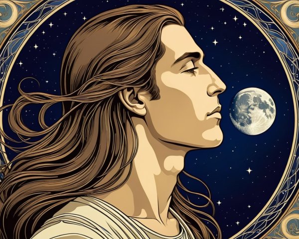 Serene Figure Against Starry Night Sky and Moon