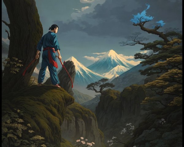 East Asian Man in Martial Arts Attire on Cliffside