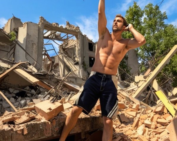 Man Climbing Ruins with Nature Amidst Urban Decay