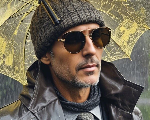 Stylish Man with Yellow Umbrella in Rainy Setting