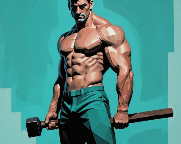 Muscular Man with Hammer Against Turquoise Background